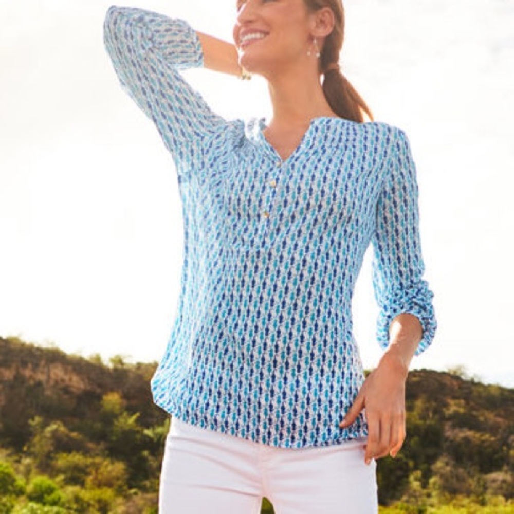 Talbots Petite Small Seahorse Print Pintuck Cotton Tunic Style Blouse